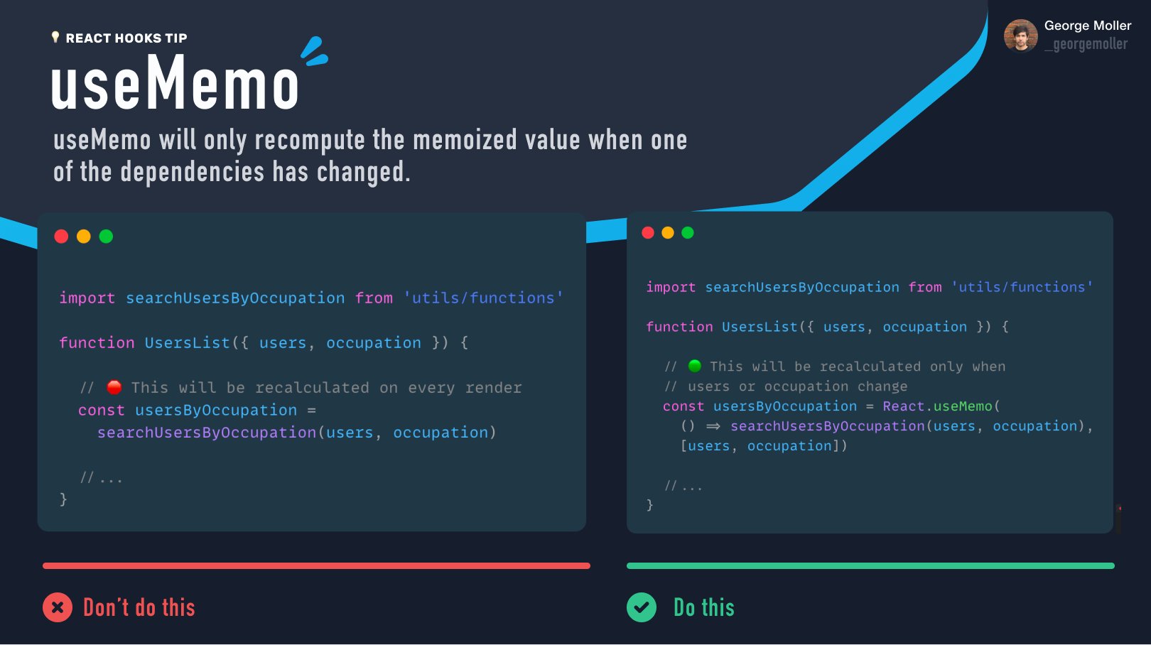 George Moller on X: "💡 React hooks tip: use useMemo() to avoid unnecessary recalculations. https://t.co/ptcEGKwCyV" / X George Moller on X: "💡 React hooks tip: use useMemo() to avoid unnecessary recalculations. https://t.co/ptcEGKwCyV" / X