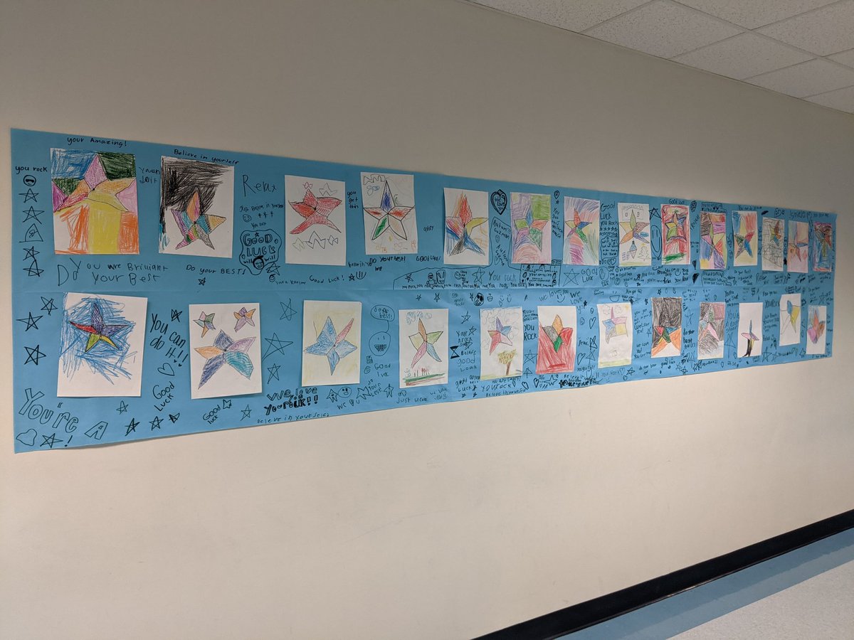 HoodCaseART's tweet photo. Ahead of the STAAR test tomorrow, in art class Friday, kinder made stars, first made hearts, and second made smiley faces to cheer on our third, fourth, and fifth graders! @AISDFineArts https://t.co/RX30NjB2Xb