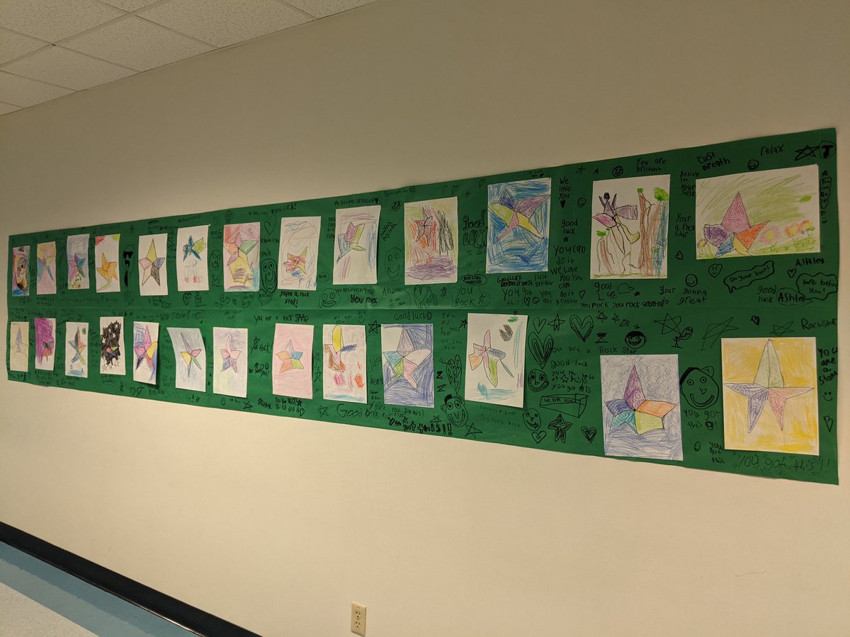 HoodCaseART's tweet photo. Ahead of the STAAR test tomorrow, in art class Friday, kinder made stars, first made hearts, and second made smiley faces to cheer on our third, fourth, and fifth graders! @AISDFineArts https://t.co/RX30NjB2Xb