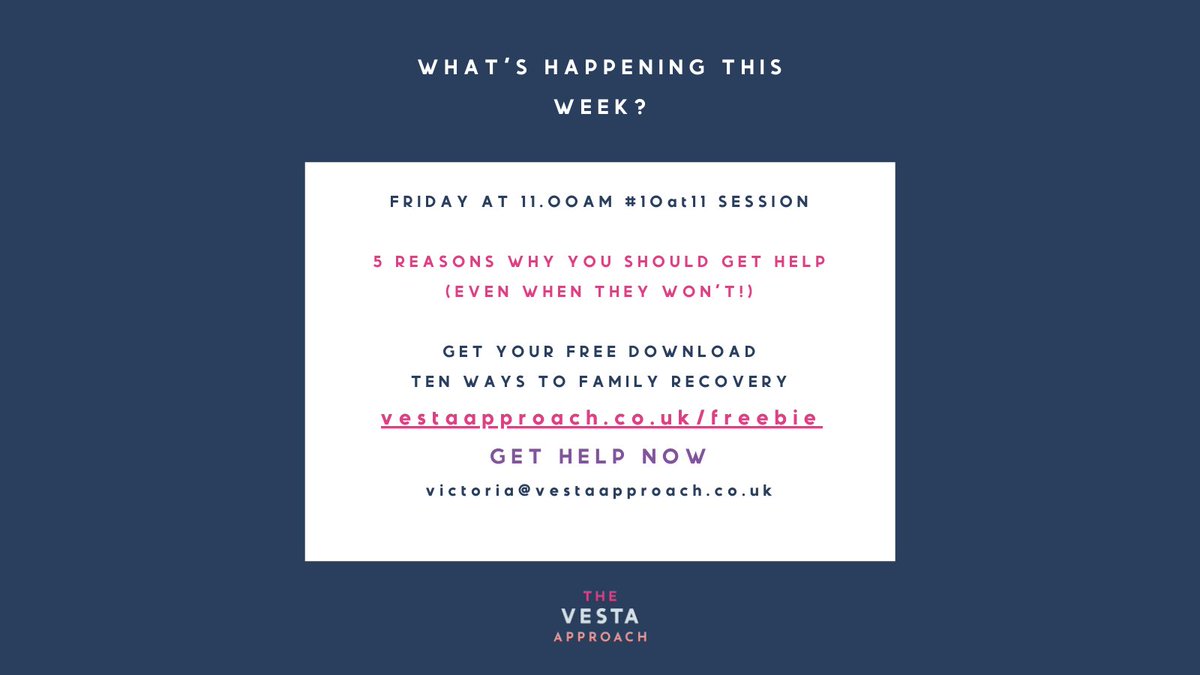 Vestaapproach's tweet photo. Catch the #10at11 session Friday at 11am.

This is a weekly 10 minute session on #addiction and #familyrecovery

This week is...

⭐5 REASONS WHY YOU SHOULD GET HELP
(EVEN WHEN THEY WON'T!)⭐
 
Get your free top ten family recovery tips
https://t.co/dnUTfkJE7A https://t.co/HftAHd4Vcg