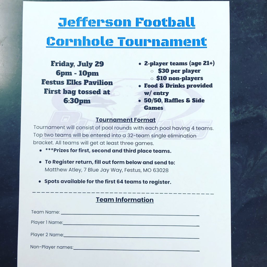R7_Football's tweet photo. We are excited to announce the Jefferson BlueJay Football program will be hosting a Cornhole Tournament this summer. All proceeds will go to support our student-athletes. #JayPride https://t.co/0M2YnAlhCE