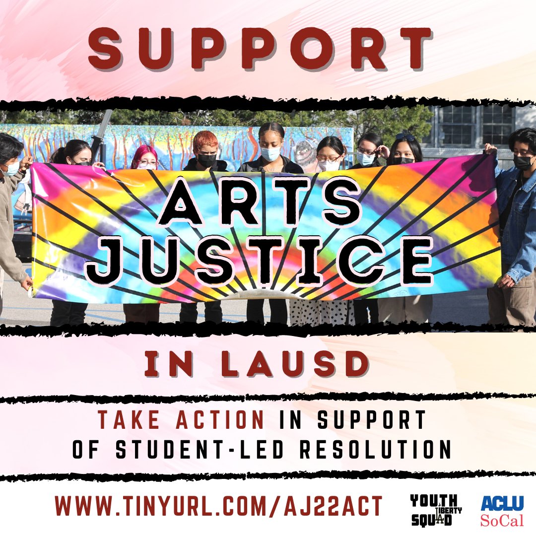 Hi <a href="/Monica4LA/">Mónica García</a> <a href="/Jackie4LAKids/">Jackie Goldberg, LAUSD Board President</a> <a href="/NickMelvoin/">Nick Melvoin</a> <a href="/DrGeorgeMcKenna/">George McKenna</a> <a href="/Kelly4LASchools/">Kelly Gonez, LAUSD</a> <a href="/ScottAtLAUSD/">Scott M. Schmerelson</a> <a href="/lausdbd7/">Board Member Tanya Ortiz Franklin</a> <a href="/suptlaschools/">Interim Superintendent Megan K. Reilly</a> <a href="/LASchools/">Los Angeles Unified</a> VOTE YES on &amp; support the #ArtsJustice resolution led by students across the district! #LACountyArtsEd