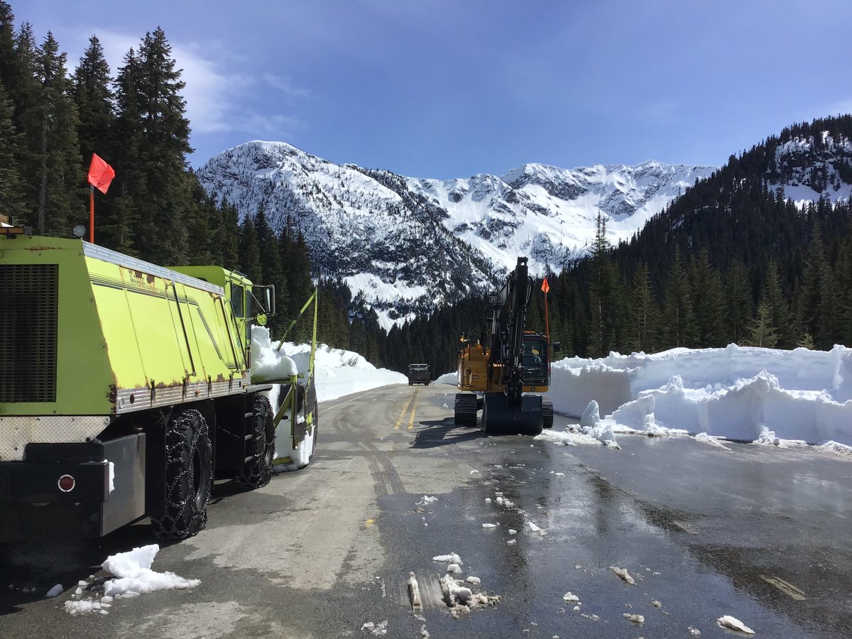 The crew is putting the finishing touches on the roadway and tomorrow will open SR 20 North Cascades for 2022! It was a weird season with more snow at the end than we had in the beginning but the clearing team stayed persistent! How about some applause for the hard working crew!