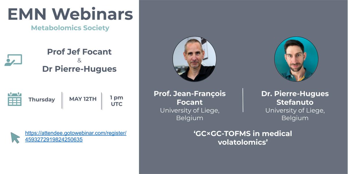 EMN_MetSoc's tweet photo. The EMN is happy to invite the community for our EMN May webinar, featuring Prof Focant &amp; Dr @PHstefanuto. 📘🖊️
Register at: 
https://t.co/EEG1IbQbk1 https://t.co/gru8LJ6QN3