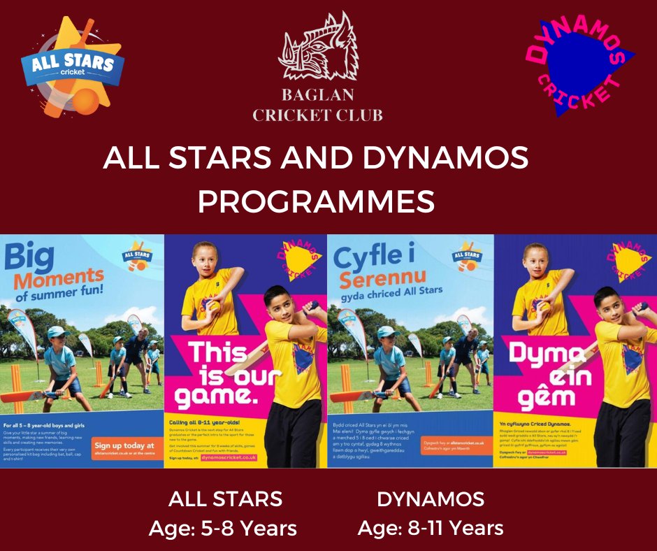 BaglanCricket's tweet photo. We will be running @allstars4wales &amp; @DynamosCricket programmes this Summer from Friday 20th May.

We have a number of free places for both programmes on a first come first serve basis. 

All Stars (5-8 yrs): https://t.co/SG17HxFoCr
Dynamos (8-11yrs): https://t.co/UcRHdtaBD6 https://t.co/fuVjVHie7y