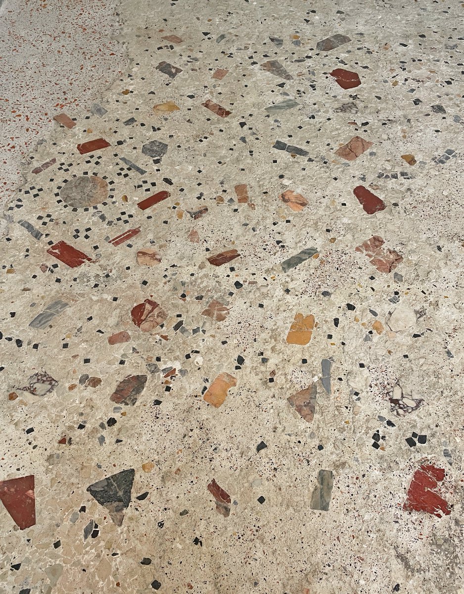 OptimoPrincipi's tweet photo. A lovely example of what I call 'Tutti Frutti' mosaic, a style of floor popular during the Roman Republic. Offcuts of colourful exotic marbles are embedded in a cement floor and accented with black tessera. Economic and easy to make but no less delightful! 1st century BC, Milan https://t.co/nB6VgGJEC3
