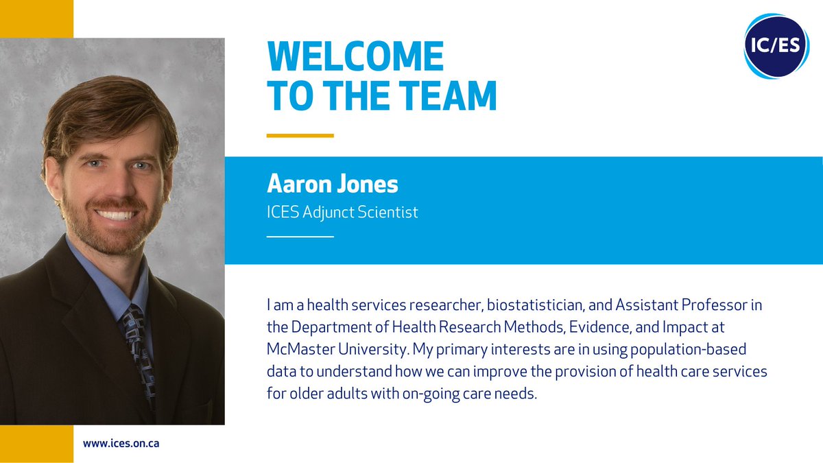 ICES (@icesontario) on Twitter photo Meet new <a href="/ICESOntario/">ICES</a> adjunct scientist @AaronJonesStats! Aaron is health services researcher, biostatistician, and Assistant Professor in the Dept. of Health Research Methods, Evidence, and Impact at McMaster University. Read his bio here: bit.ly/3N3xkSQ #newhires #team Meet new <a href="/ICESOntario/">ICES</a> adjunct scientist @AaronJonesStats! Aaron is health services researcher, biostatistician, and Assistant Professor in the Dept. of Health Research Methods, Evidence, and Impact at McMaster University. Read his bio here: bit.ly/3N3xkSQ #newhires #team