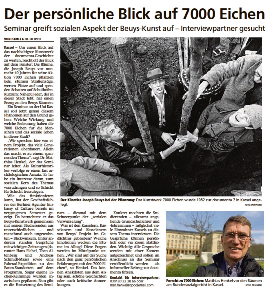 Henkel_Matthias's tweet photo. Artikel heute in der @HNA_online #BEUYS7000 #CultureForChange es geht um die „soziale Verwurzelung“ der #Stadtverwaldung von #Beuys zur #documenta7 in 1982 = 40 Jahre. Es geht um die Bedeutung der #Kunst für die Entwicklung neues neuen Verständnisses von #Sustainability https://t.co/OSqlexdJQX