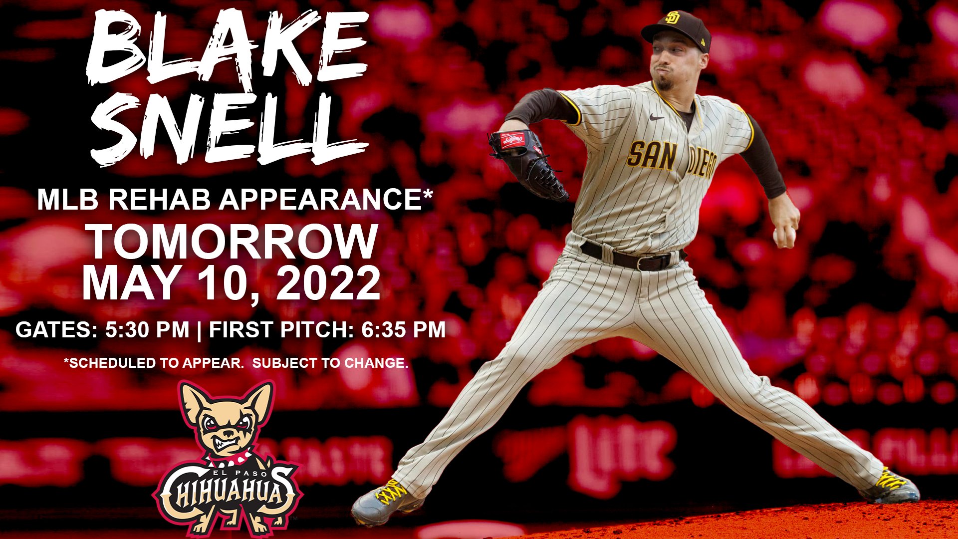 El Paso Chihuahuas on Twitter: "JUST IN: Tuesday is Bump Day 🦖 Cy Young  Award winner and @Padres Pitcher Blake Snell is scheduled to make an MLB  rehab appearance tomorrow, Tuesday, May