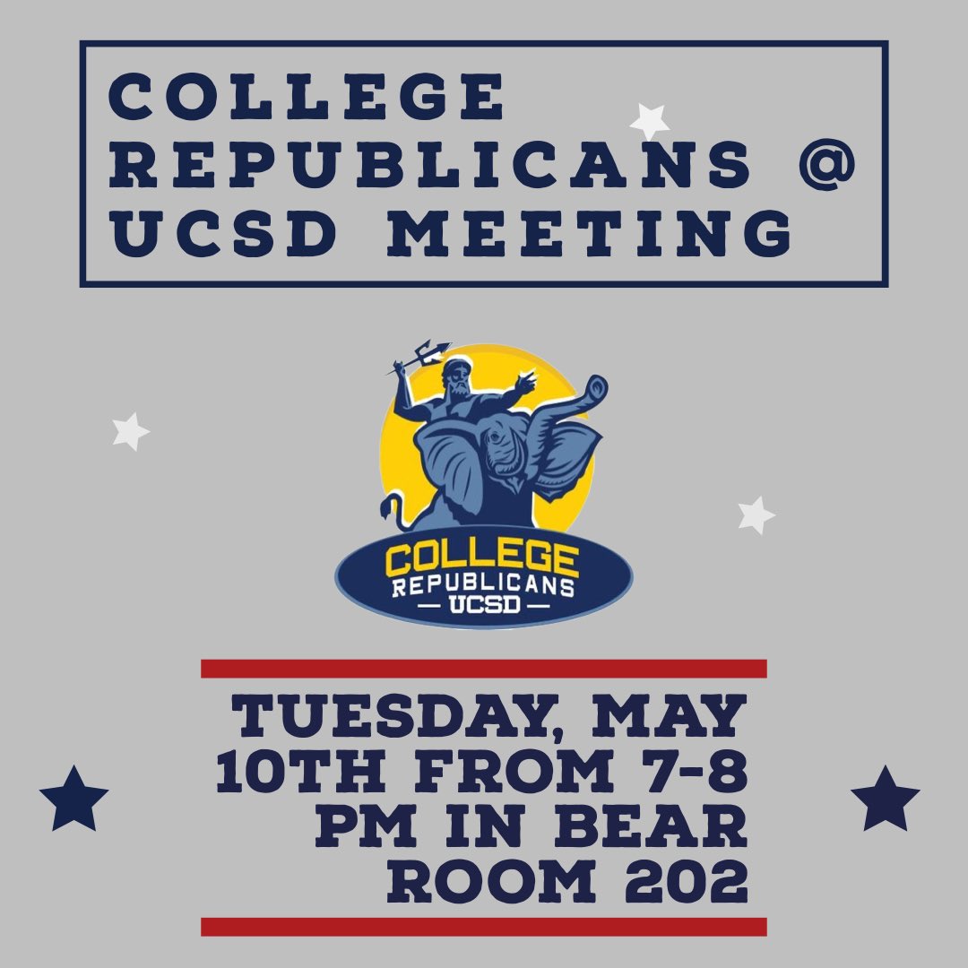 UCSDGOP's tweet photo. Happy Week 7 everyone!! This week, our meeting is on Tuesday, May 10th from 7-8 PM in Bear Room 202. Hope to see you all there!🇺🇸 https://t.co/7zm2uOsgQi
