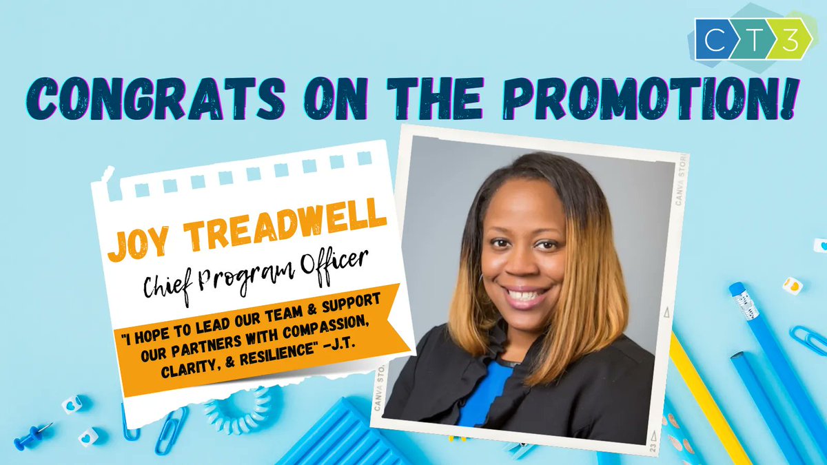 CT3Education's tweet photo. Congrats to Joy Treadwell, CT3's new Chief Program Officer! Your deep understanding & knowledge of our programs, experience & leadership make you the perfect fit.
Read about the promotions here: https://t.co/hHCvGAIRVk
#team #promotingfromwithin #CT3Ed #MakeItHappenMonday https://t.co/V2zEw6fT3v