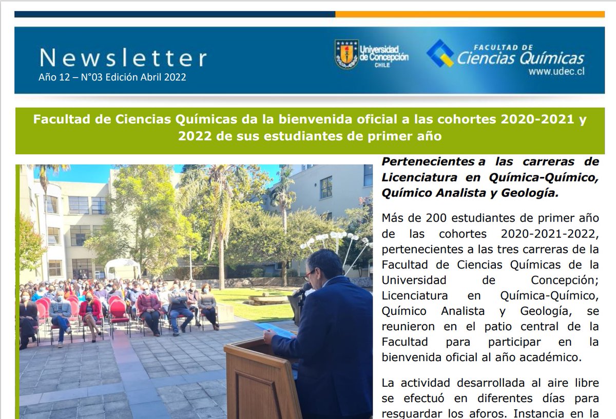Durante el mes de ABRIL, nuestra Facultad de Ciencias Químicas, generó interesantes noticias, ¡te invitamos a conocerlas! Chequea en el siguiente link: fcqudec.cl/wp-content/upl… <a href="/udeconcepcion/">Universidad de Concepción</a>