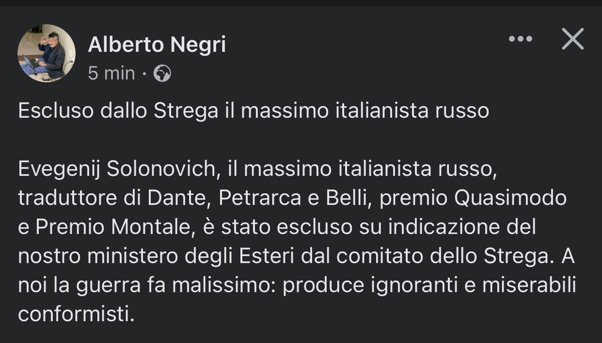 Giul_Granato's tweet photo. Su indicazione della Farnesina, il #PremioStrega, esclude dal comitato Evegenij Solonovich, il massimo italianista russo, traduttore di Dante e Petrarca.
Perché sostiene l'invasione? No, solo perché russo.
Un atto senza senso, che alimenta solo una pericolosa russofobia. https://t.co/K3p5GQJ2c1