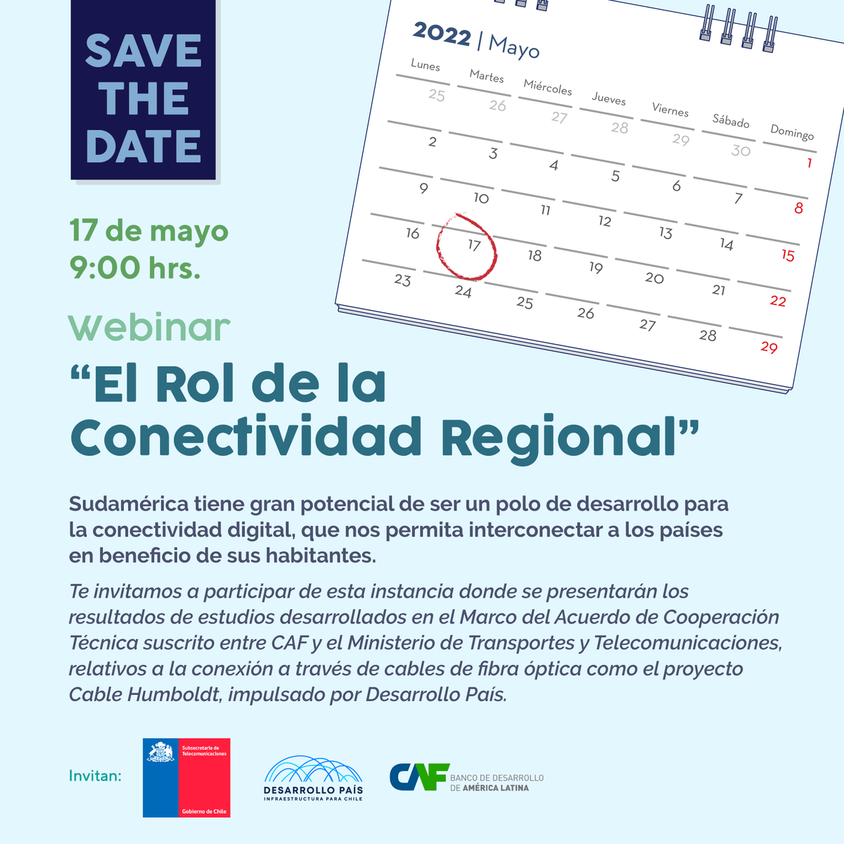 subtel_chile's tweet photo. #SaveTheDate🗓️

Una obra de infraestructura digital para consolidar a 🇨🇱 como el Hub Digital de A. Latina.

Este 17/05, ministro @JuanCaMunozA, subse @claudioarayasm, 
@AgendaCAF y @PaisDesarrollo darán resultados del proyecto Cable Humboldt.

Inscríbete 👉https://t.co/AmIVwxYnOm https://t.co/s3aKYsYR3C