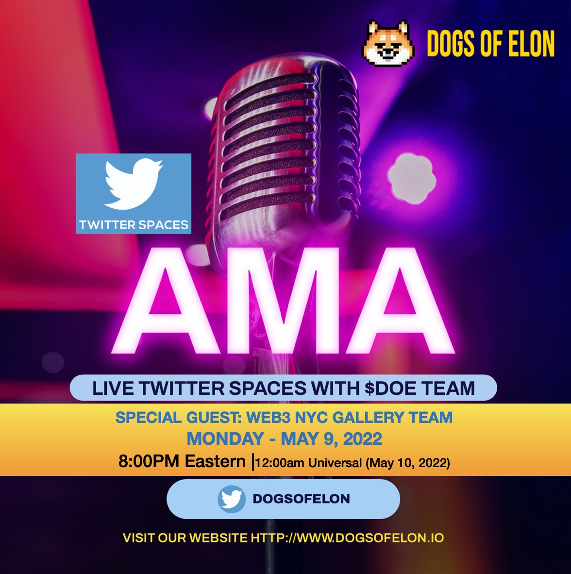 dogsofelon's tweet photo. Join the Twitter Spaces conversation later today with the $DOE team! https://t.co/SjaJE82gjY
#doetoken #doenft #doegame #justDOEit #dogsofelon https://t.co/ejqnaoxsPJ
