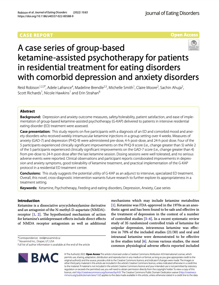 Our research on ketamine-assisted psychotherapy for eating disorders, in a group format and a residential treatment setting, was just published :) rdcu.be/cM3rK <a href="/Novamind_Inc/">Novamind by Numinus</a> <a href="/CFCHope/">Center for Change</a>