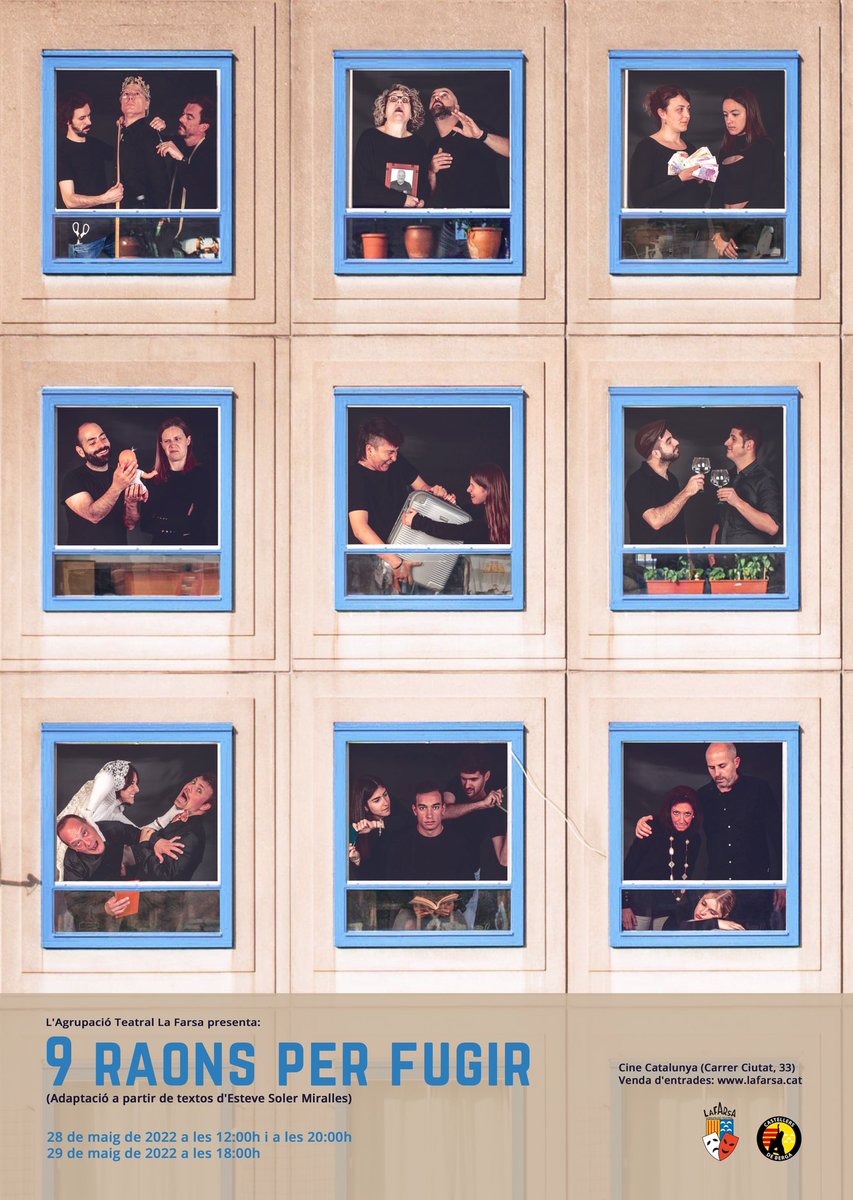 🎭 ‘9 raons per fugir’, adaptació a partir de textos d’Esteve Soler: 

📍Cine Catalunya - <a href="/cdberga/">Castellers de Berga</a> 
🗓 Dissabte 28/05 🕥 12.00h 
🗓 Dissabte 28/05 🕥 20.00h 
🗓 Diumenge 29/05 🕕 18.00h 
🖥 Venda d’entrades lafarsa.cat

#teatre #Berga #Berguedà #9raonsfarsa