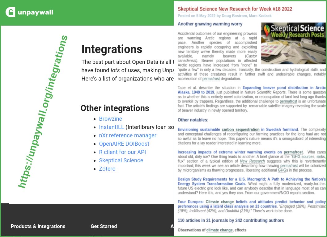 Our weekly New Research feature uses the <a href="/unpaywall/">Unpaywall</a> API to identify open access research articles. It's a boon! We're proud to be added to Unpaywall's impressive list of integrations.

For "regular" users, Unpaywall offers a nifty, free browser extension: unpaywall.org/products/exten…