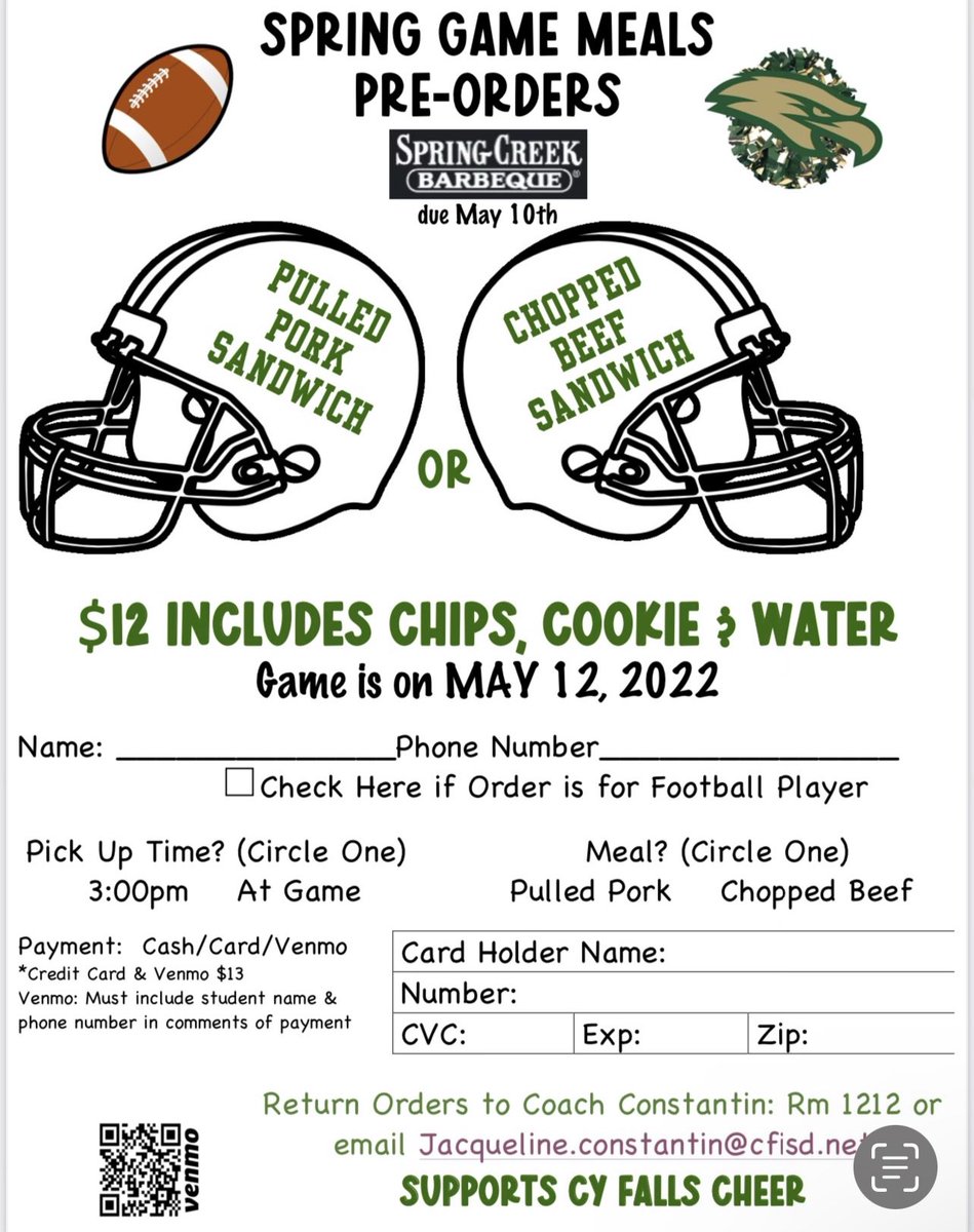 SUPPORT CY-FALLS CHEER!!  Spring Game Meal, Pre-orders.  OR…get your plate at the game Thursday, May 12th. See order form for details.  Due May 10th. .  #SpringCreekBarbeque.