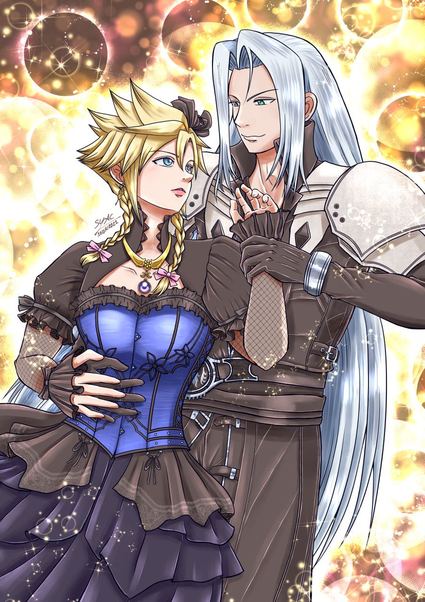 The bg was supposed to have yellow hexagon shapes like they do in the Honeybee Inn but if you look from far away it looks like the place is on fire XD (I got lazy)

Just an excuse to draw more Sefikura &amp; Cloud-san in my fav dress.

Sqex... Miss Cloud figurine when???😭🙏