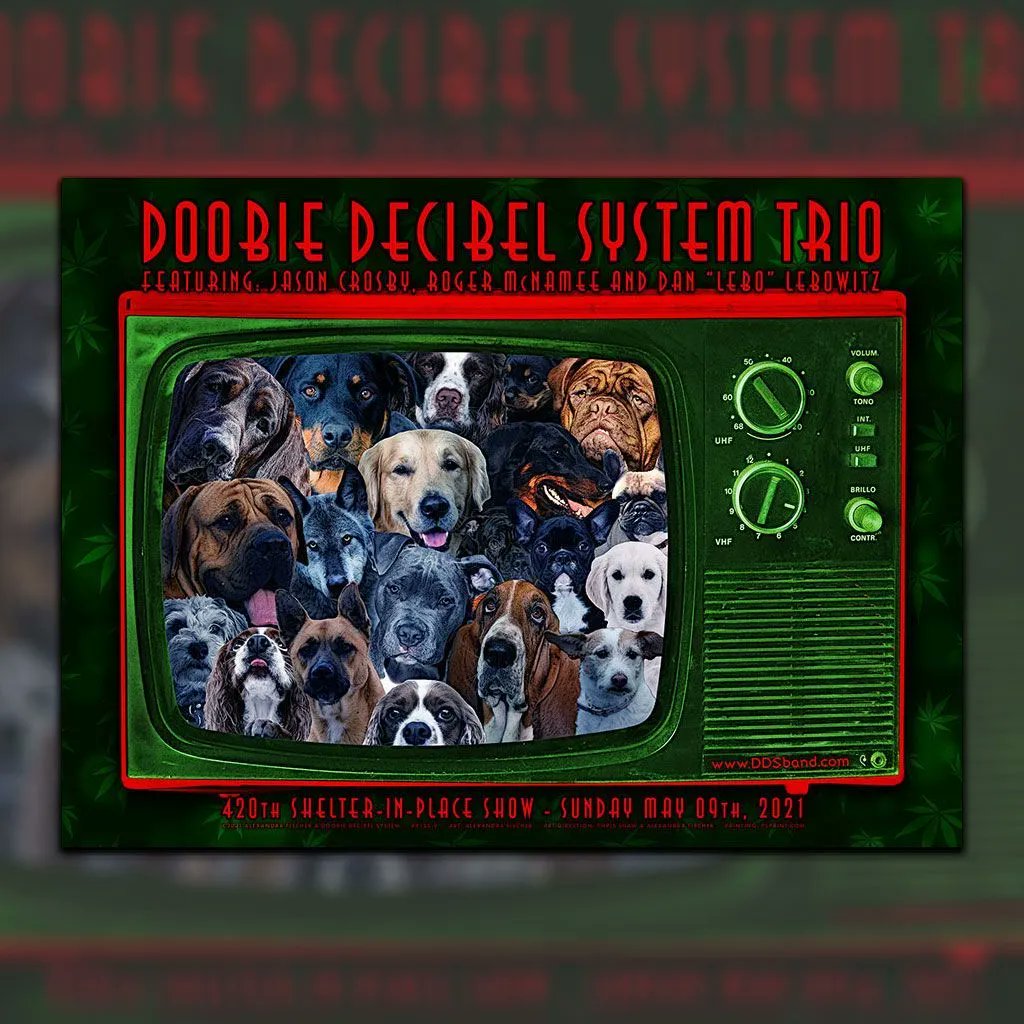 MoonalicePoster's tweet photo. On this day... @DDS_Duo Doobie Decibel System Trioβs 420th Shelter-In-Place Show poster by @afishcalledalex Alexandra Fischer! https://t.co/B0jYm7lupK #tirmph 5/9/21 πΊ R155 πΆ 100% of sales go to the artist #AlexandraFischer cc: @JCros3 @Moonalice @Lebo_Tone #gigposter #MAstore https://t.co/djdn7duB7i