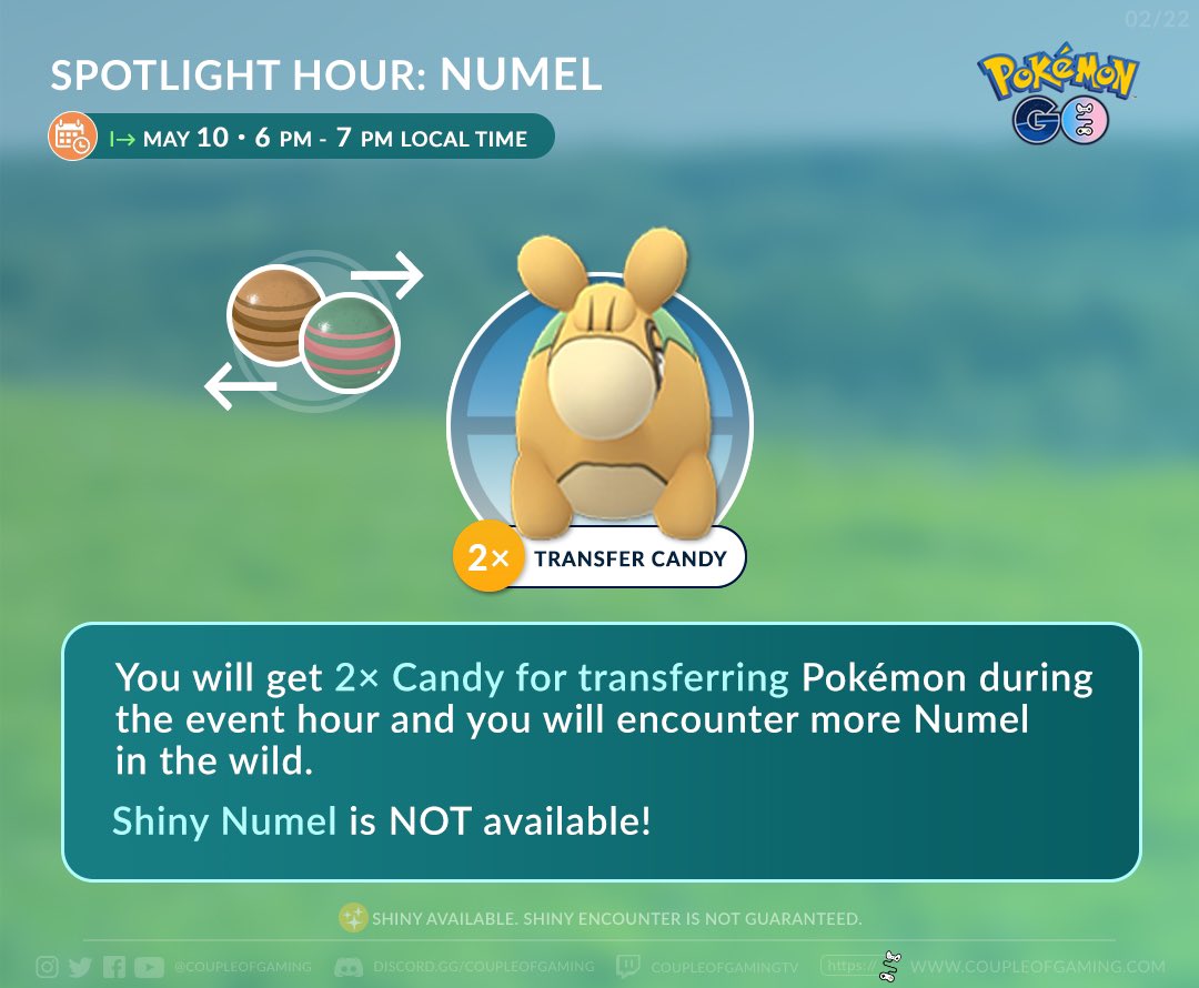 coupleofgaming's tweet photo. It’s time to empty your Pokémon Storage and get some candy with the upcoming #PokemonGOSpotlightHour featuring #Numel and x2 transfer candy 🍬🍬
#ShinyNumel is not available in #PokemonGO… yet 😬 https://t.co/8uGptbfVFk