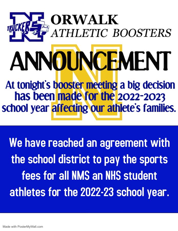 We are doing it again!   No sports fees for NHS and NMS Athletes for the 2022-2023 sports seasons.  #GoTruckers