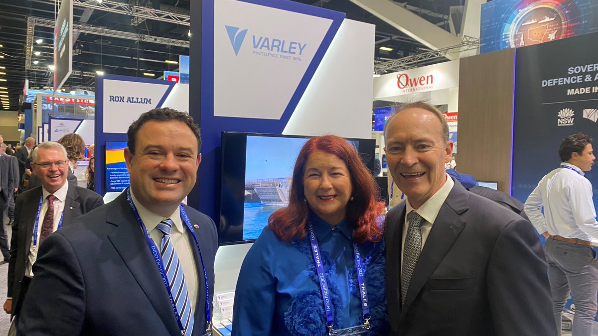 NSW Minister, Stuart Ayres and Minister for Defence Industry, Melissa Price meet with Varley Managing Director, Jeff Phillips on the Varley stand at the Indo Pacific Exposition, today in Sydney discussing the recently awarded contracts, Land 8140, and LARC project plan.