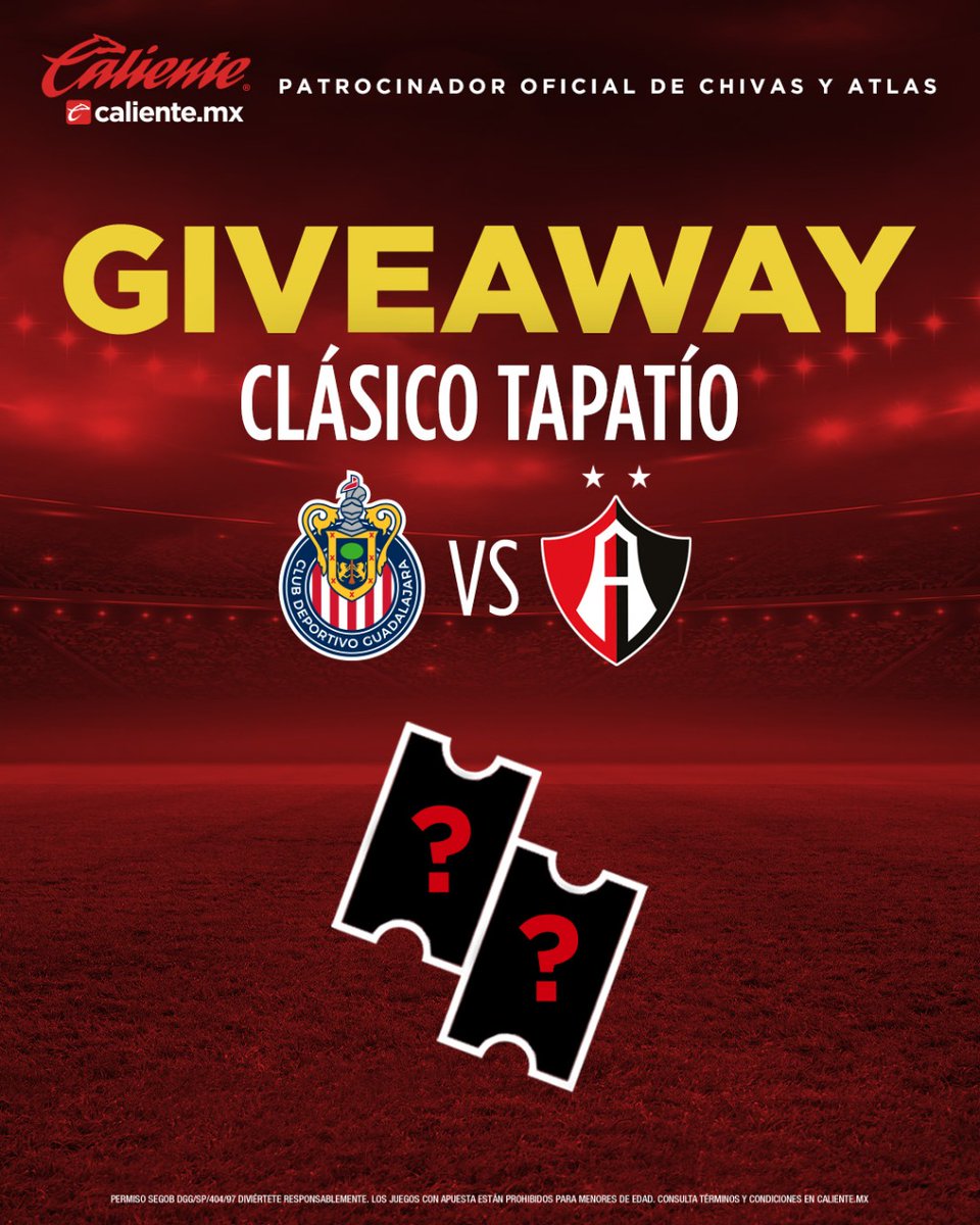 calientesports's tweet photo. 🚨GIVEAWAY #CLÁSICOTAPATÍO 🚨

 🎟️ ¡GANA UN PASE DOBLE para el #Chivas vs #Atlas! 🐐🦊 

Haz lo siguiente 👇🏽: 
1️⃣ Sigue a @calientesports
2️⃣ Dale 🔁 y ❤️
3️⃣ Comenta este tuit con el hashtag #MásAcciónMásDiversión🔥

¡Se rifará UN pase doble! 🤩 https://t.co/USnqpTVJIu