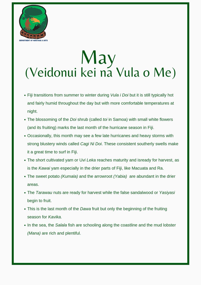 Culture_Fiji's tweet photo. May - Fijian Traditional Calendar / Me - Vula Vakaviti. (Vula I Doi)
#TraditionalCalendar #Culture #Heritage #TraditionalKnowledge https://t.co/L1T1ArWBnJ