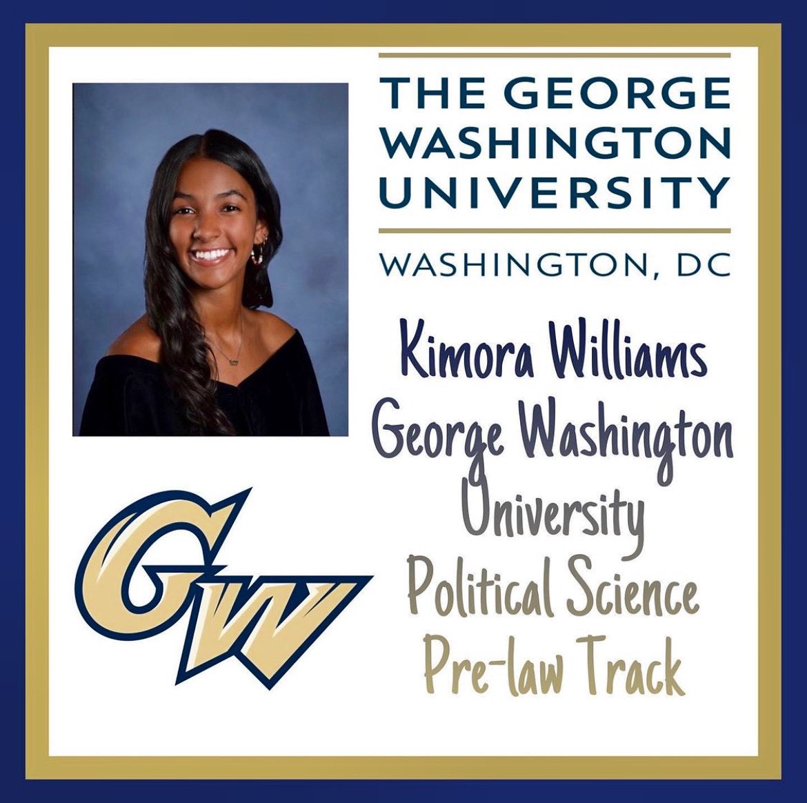 Congratulations to senior captain, Kimora Williams, on her decision to attend George Washington University! 📚