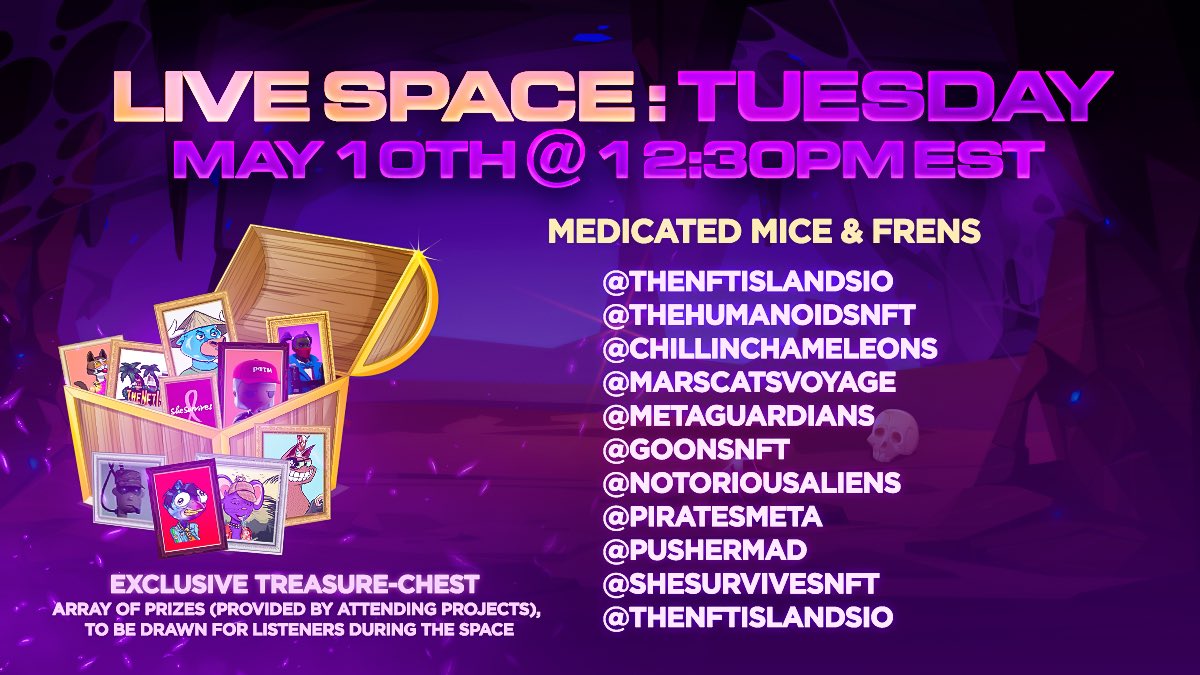 MedicatedMice's tweet photo. 🛩️ INCOMING: #NFTCommunity Space 📻

👉 Come join! TODAY (May 10th) @ 12:30PM EST 👈

🎉 #NFTGiveaway👇
🎁 Major alpha, #NFTs, #WLs, #Airdrops &amp; more (30+ amazing prizes in total)

- TO ENTER:
💖 &amp; RT this tweet!! 

Prizes drawn during space - be there! (simple) 😎

#ETH #Bitcoin https://t.co/x7RsDWEPdW