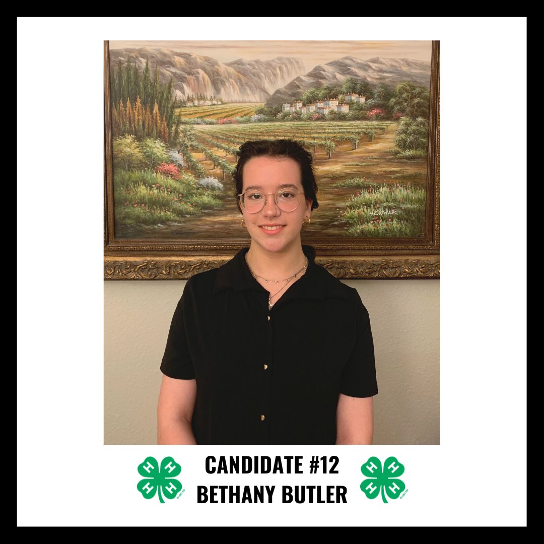 Texas4H's tweet photo. Candidate #12 - Bethany Butler. "I bring 5 years of leadership experience along with mediation tools, and I am skillful in making compromises between opposing views."
#texas4h #texas4hcouncil #atlargedelegate https://t.co/vviGHDVUZd