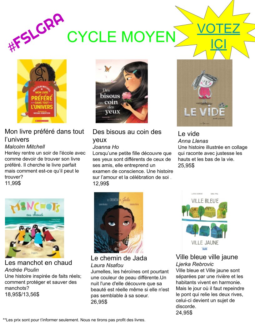 MmeCosgrave's tweet photo. This year's #FSLGRAmoyen nominees are:
Mon livre préféré dans tout l'univers
Des bisous au coin des yeux
Le vide
Le chemin de Jada
Ville bleue ville jaune
Manchots au chaud
You can vote for up to 3 books here: https://t.co/5GUKSIKPkB
#FSLGRA
3/4 https://t.co/xpcwrVHcnA