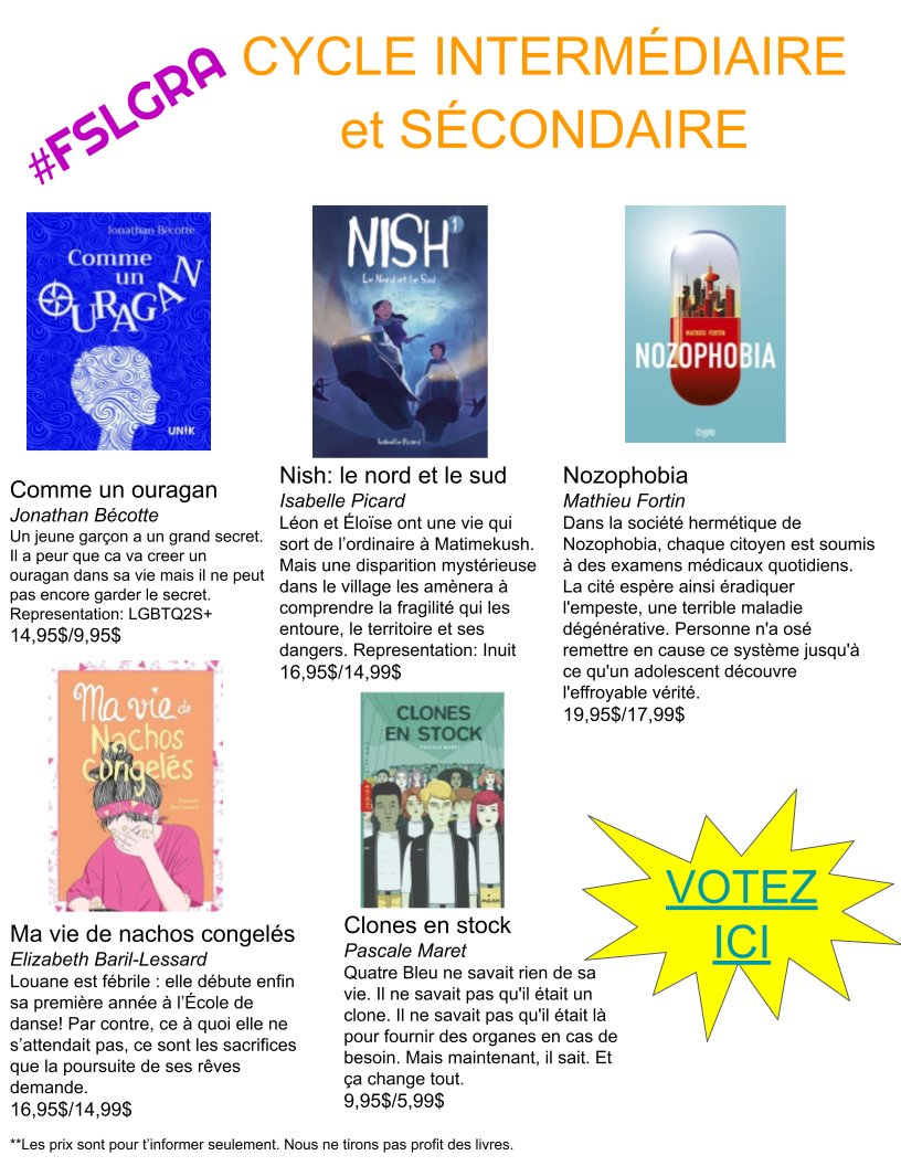 MmeCosgrave's tweet photo. This year's #FSLGRAint and #FSLGRAsec nominees are:
Comme un ouragan
Nish: Le nord et le sud
Nozophobia
Clones en stock
Ma vie de nachos congelés
You can vote for 1 novel here: https://t.co/5GUKSItdW1
#FSLGRA
4/4 https://t.co/NryFnNm5sI
