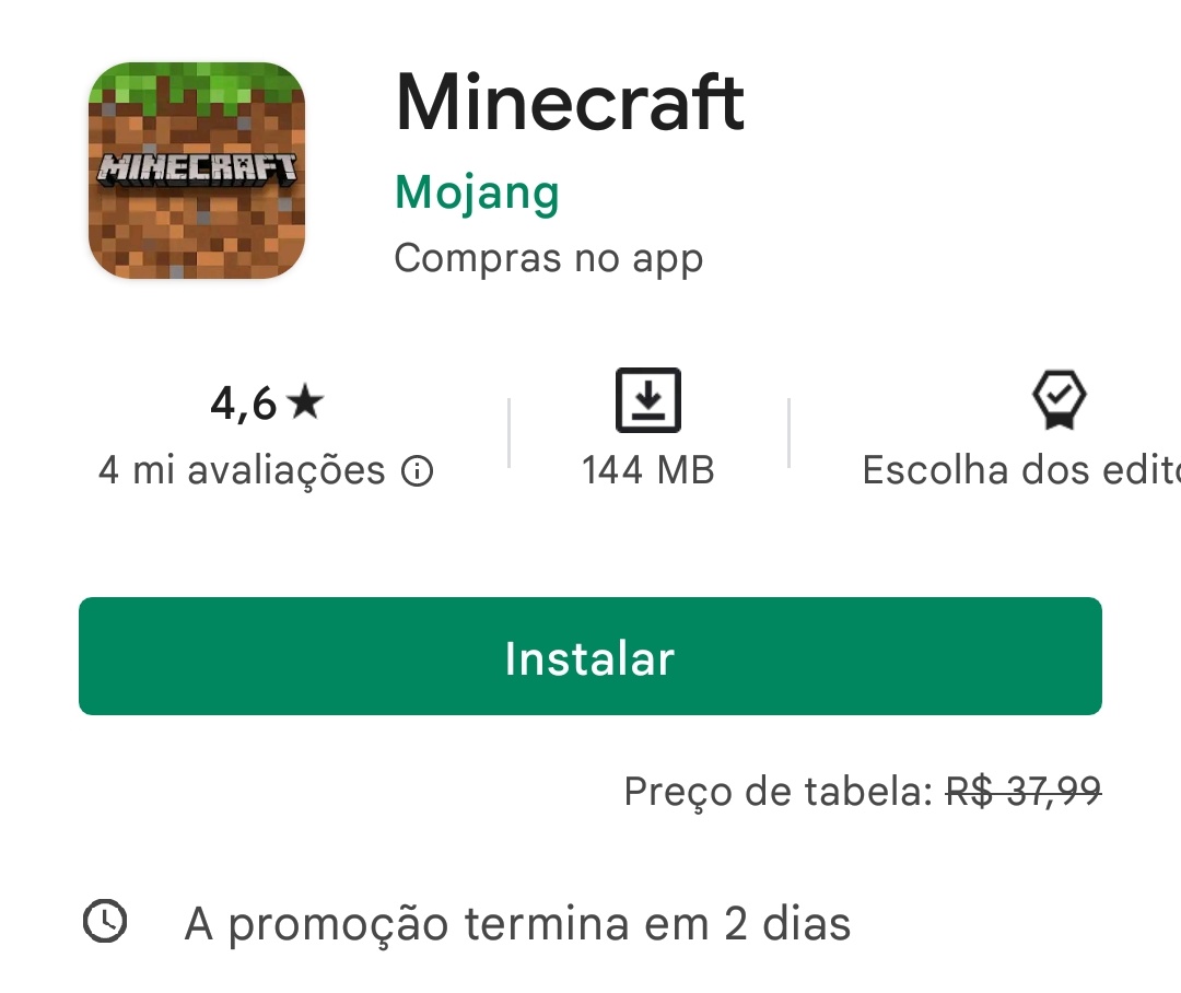 Minecraft grátis na Play Store somente hoje (10) e amanhã 