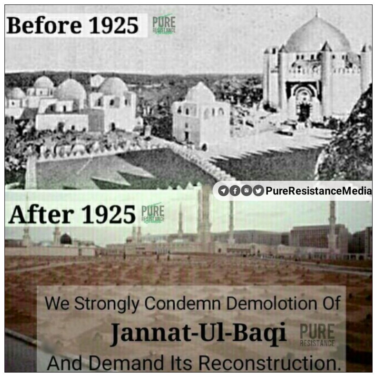 Jannat Ul Baqi - Before And After 1925 !!

We Strongly Condemn Demolition Of Jannat-Ul-Baqi And Demand Its Reconstruction.

#DeathToAalESaud #RebuildBaqi