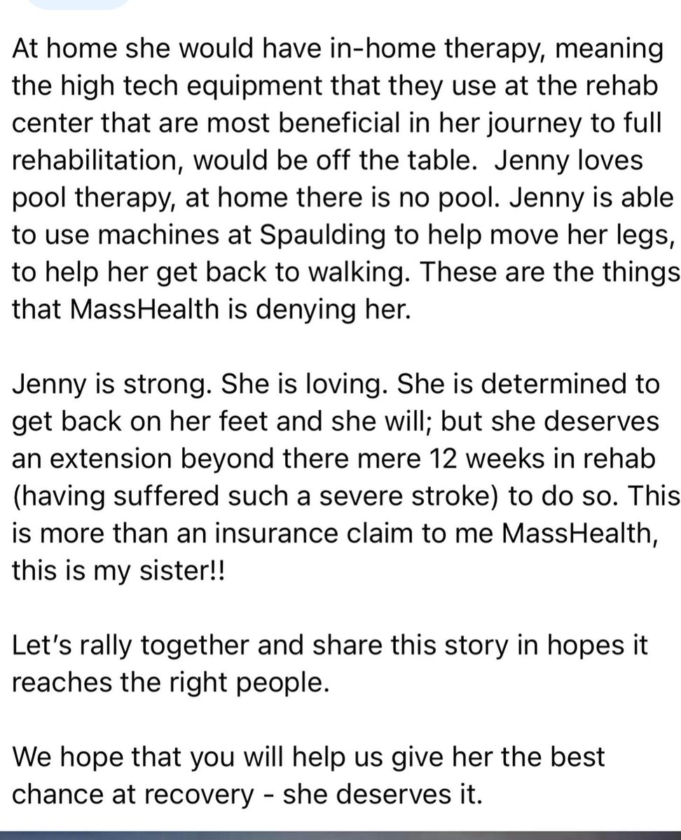 Please share to help my friend ❤️ <a href="/Jennifer_Fox10/">JENNIFER MARTINEZ</a> deserves better. A former reporter now looking for help herself. <a href="/MassHealth/">MassHealth</a> should not be denying her longer time <a href="/SpauldingRehab/">Spaulding Rehab</a> !!! Please retweet and tag <a href="/MassGov/">Mass.gov</a> <a href="/MassGovernor/">Governor Maura Healey</a> #masshealth #spauldingrehab