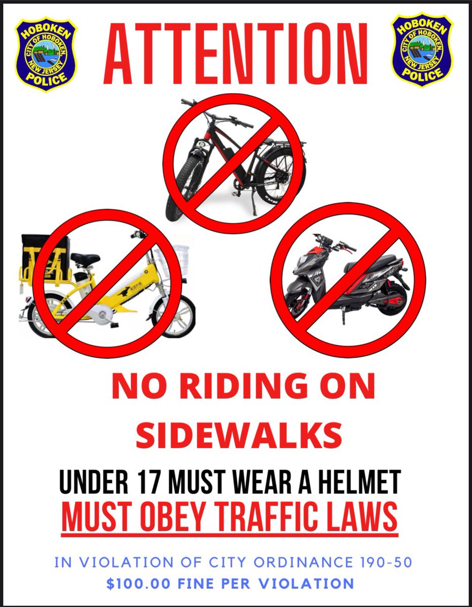 HobokenPD's tweet photo. To better educate E-bike users, we will be distributing these flyers to local businesses and riders. This education campaign, along with focused enforcement, aims to make sidewalks safer for pedestrians. @CityofHoboken  @hobokenalliance @HobokenBicycles #Hoboken https://t.co/XCn5IBeOka