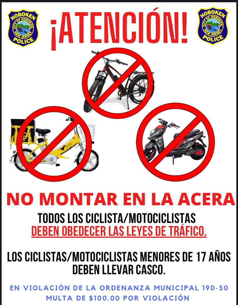HobokenPD's tweet photo. To better educate E-bike users, we will be distributing these flyers to local businesses and riders. This education campaign, along with focused enforcement, aims to make sidewalks safer for pedestrians. @CityofHoboken  @hobokenalliance @HobokenBicycles #Hoboken https://t.co/XCn5IBeOka