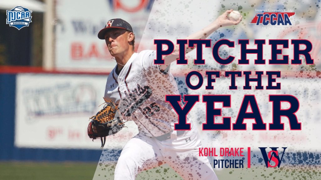 WaltersStSports's tweet photo. Congratulations to @WSCCbaseball’s Kohl Drake on being named the TCCAA Pitcher of the Year!!

Drake was 12-0 on the season with a 1.44 ERA and broke the school record with 129 strikeouts. https://t.co/dsUV8JJxtJ