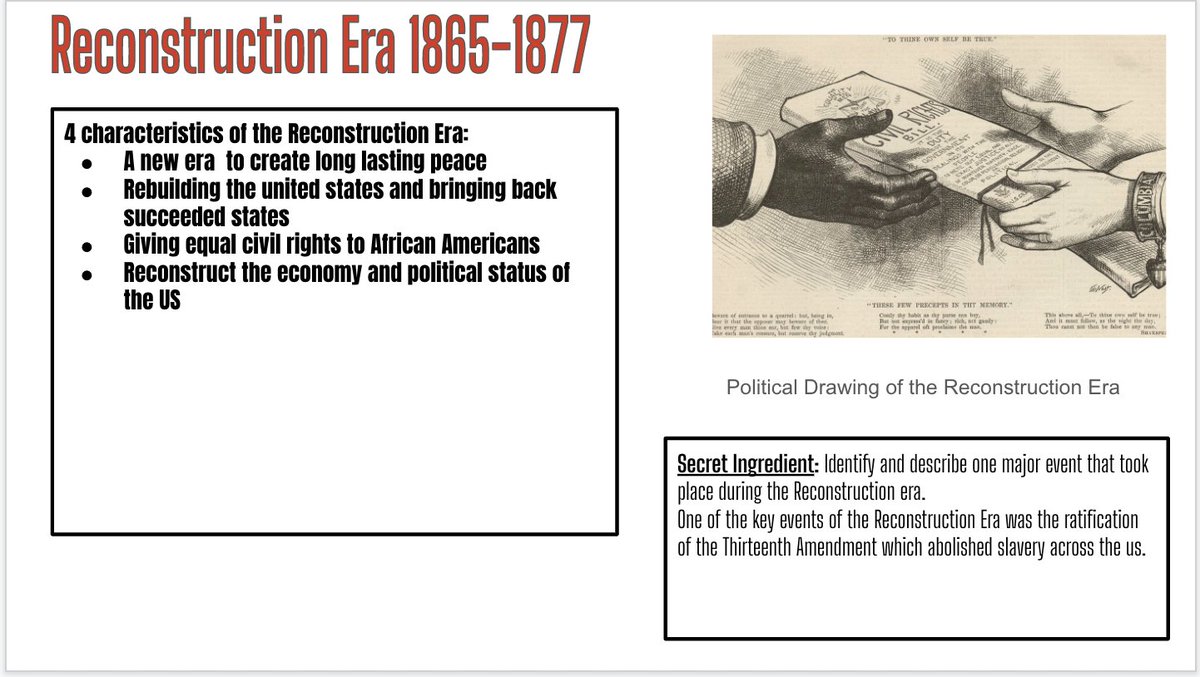 Introduced Reconstruction with a #fastandcurious @quizizz 👉 Ss used the quizizz results to help create a Reconstruction era #ironchef 👉 #frayer some vocab 👉ended with a #thinslide (share one thing from your #ironchef). #eduprotocols #sstlap #sschat @scottmpetri @jcorippo
