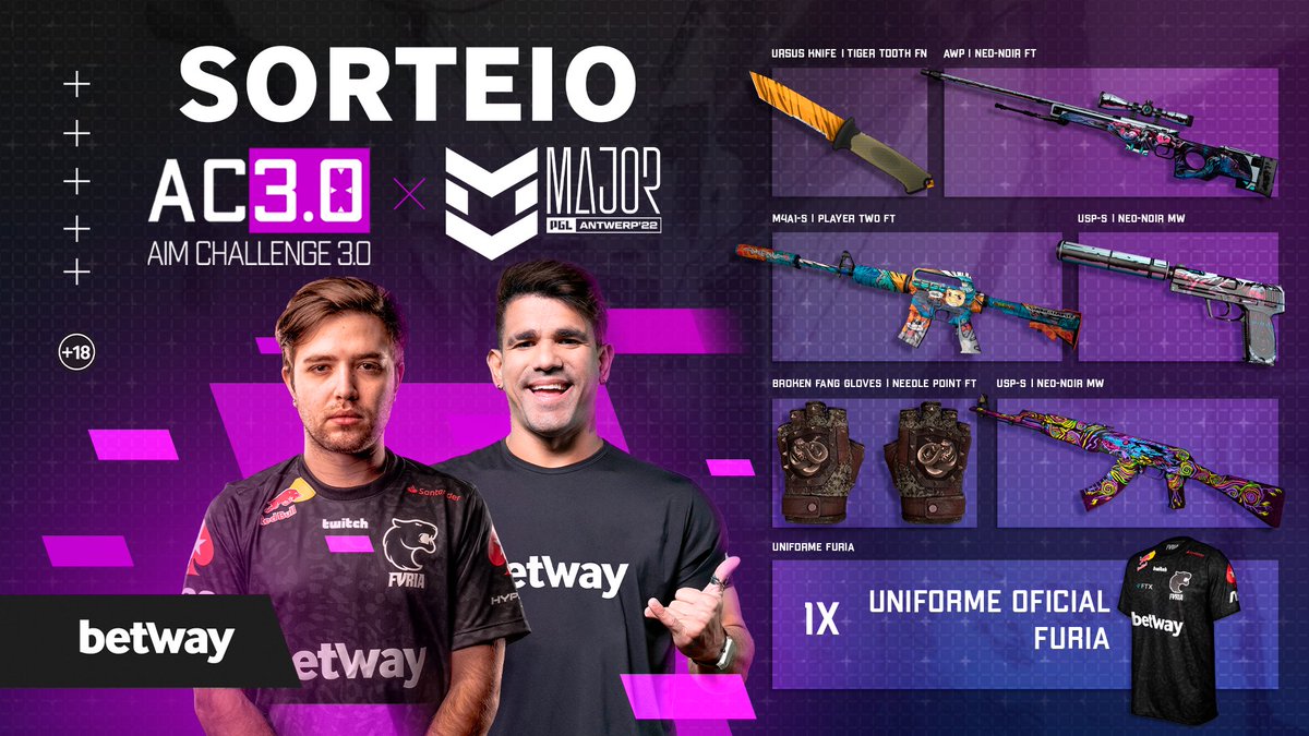 BetwayBrasil's tweet photo. 𝐒𝐎𝐑𝐓𝐄𝐈𝐎 𝐀𝐈𝐌 𝐂𝐇𝐀𝐋𝐋𝐄𝐍𝐆𝐄 𝟑.𝟎 𝐱 𝐌𝐀𝐉𝐎𝐑! 🎯

Para comemorar o lançamento do nosso novo mapa e também a chegada do Major da Bélgica...Chama no SORTEIO 🎁🔥

Luva, jersey @FURIA , faca e mais...

#BetwayAimChallenge

18+ | Sorteio aqui: https://t.co/pOCRZzRkdD https://t.co/pXbTMpBE4b