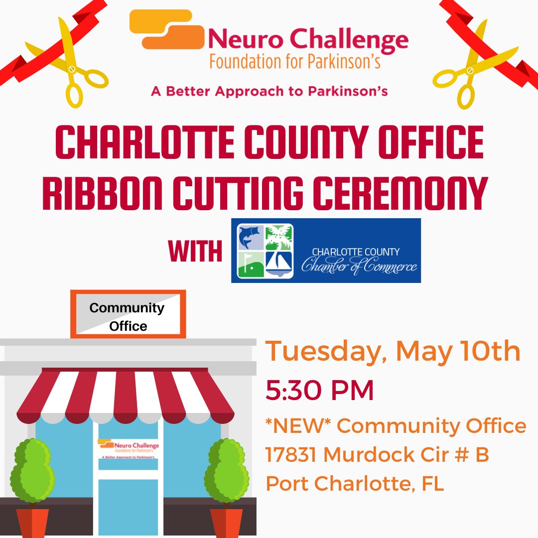 neuro_challenge's tweet image. Join Neuro Challenge and the Charlotte County Chamber of Commerce Tuesday, May 10th at the ribbon cutting ceremony of our new Charlotte County office! Learn more about the programs and services provided for FREE to the PD community!

#ParkinsonsSupport
#NeuroChallenge
