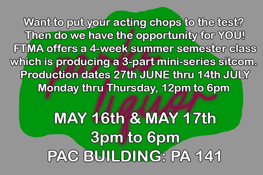 MCFTMA's tweet photo. FTMA offers a 4- week summer semester class
which is producing a 3-part mini-series sitcom.
Production dates 27th JUNE thru 14th JULY
Monday thru Thursday, 12pm to 6pm

AUDITIONS

MAY 16th &amp; MAY 1 7th
3pm to 6pm
PAC BUILDING: PA 141

@MoorparkPAC https://t.co/gCch4NEVI0