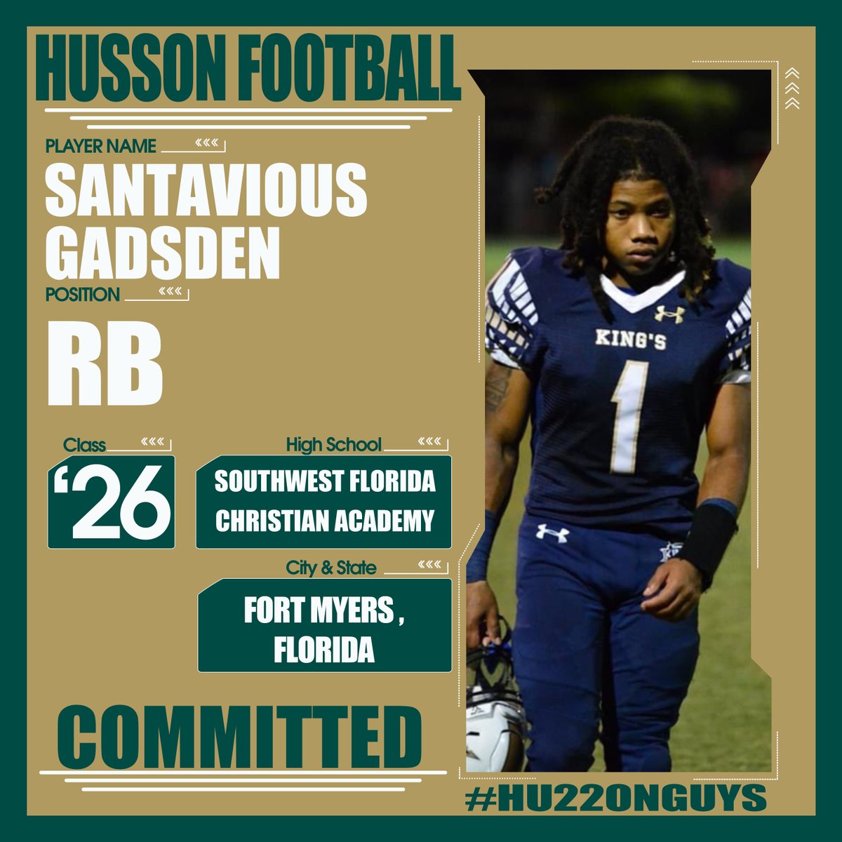 hussonfootball's tweet photo. Welcome our newest #Hu22onGuy to the Nest!

🦅Santavious Gadsden
🏈RB
🎓Southwest Florida Christian Academy - FL https://t.co/ACgSAVuLnt