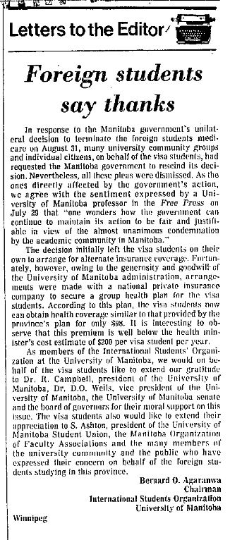 MOFA has a long history of supporting public health coverage for international students. This 1978 letter to the editor in the Winnipeg Free Press thanks MOFA for their support, after the government of Sterling Lyon also cut coverage for international students. #mbpoli <a href="/CFSMB/">Canadian Federation of Students - MB</a> 5/5