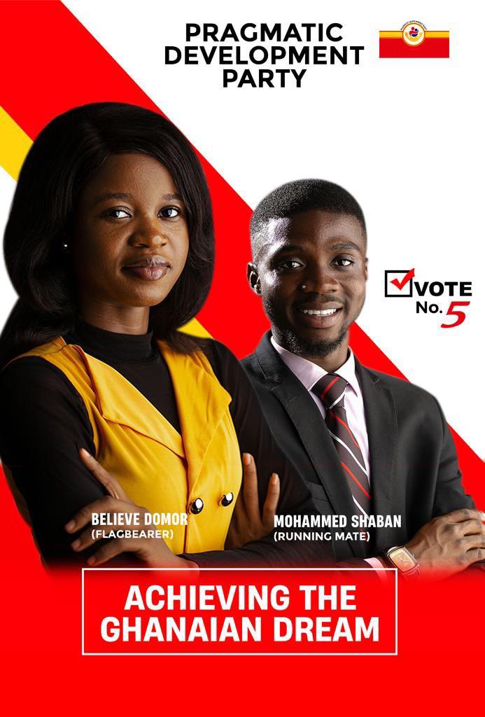 officiallyPDP's tweet photo. The vision is set and mission is to achieve the Ghanaian Dream of a Better Ghana.

For the perfect pair to lead our beloved country out of the socio-economic crises she is in today, *VOTE No. 5 for Believe Domor and Mohammed Shaban* come 14th May.#BelieveSheCan 
#Nyamensawomu https://t.co/Tmyp0eG7jB