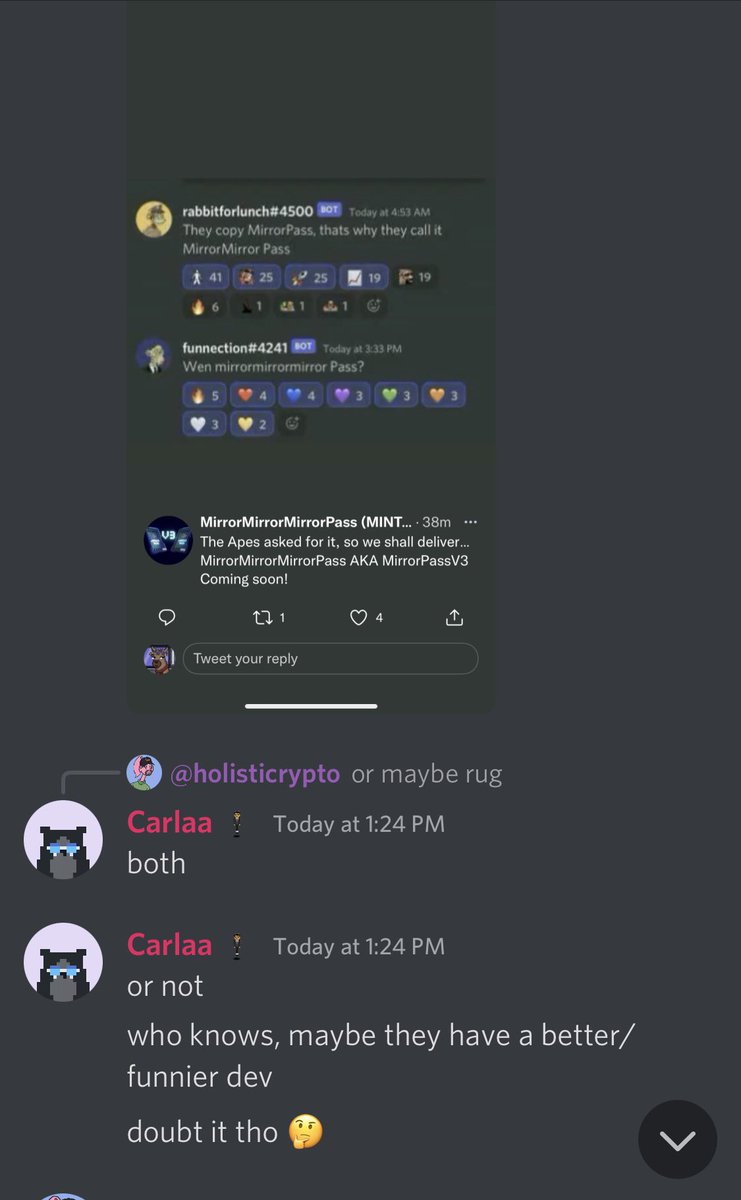 MirrorPassV3's tweet photo. WE NOTICED @MirrorMirrorNFT TALKING ABOUT US… 😆🔥@CarlaMacias8914 fellow mirror fam, what do you think is a fair mint price? We want to provide WL opportunities aswell as Alpha.☺️☺️☺️ https://t.co/j3zj3qaxXm