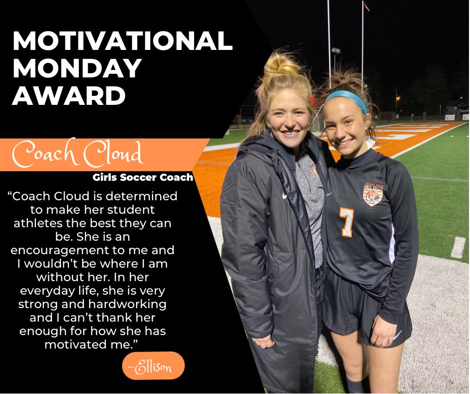 TMSCheer's tweet photo. Congratulations Coach Cloud!! We are so thankful for all you have done at TMS and THS! You have inspired many students and staff members at both schools!!  Thanks for all the hard work and dedication! 🧡   @TH_girlssoccer https://t.co/emAy2DZ7vB